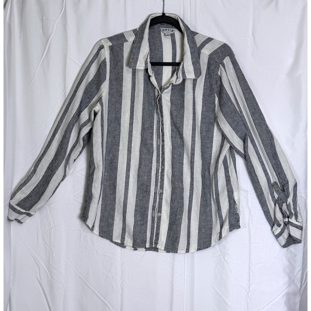 Orvis Classic‎ Collection Linen Blend Striped Button Down Shirt Navy White Large